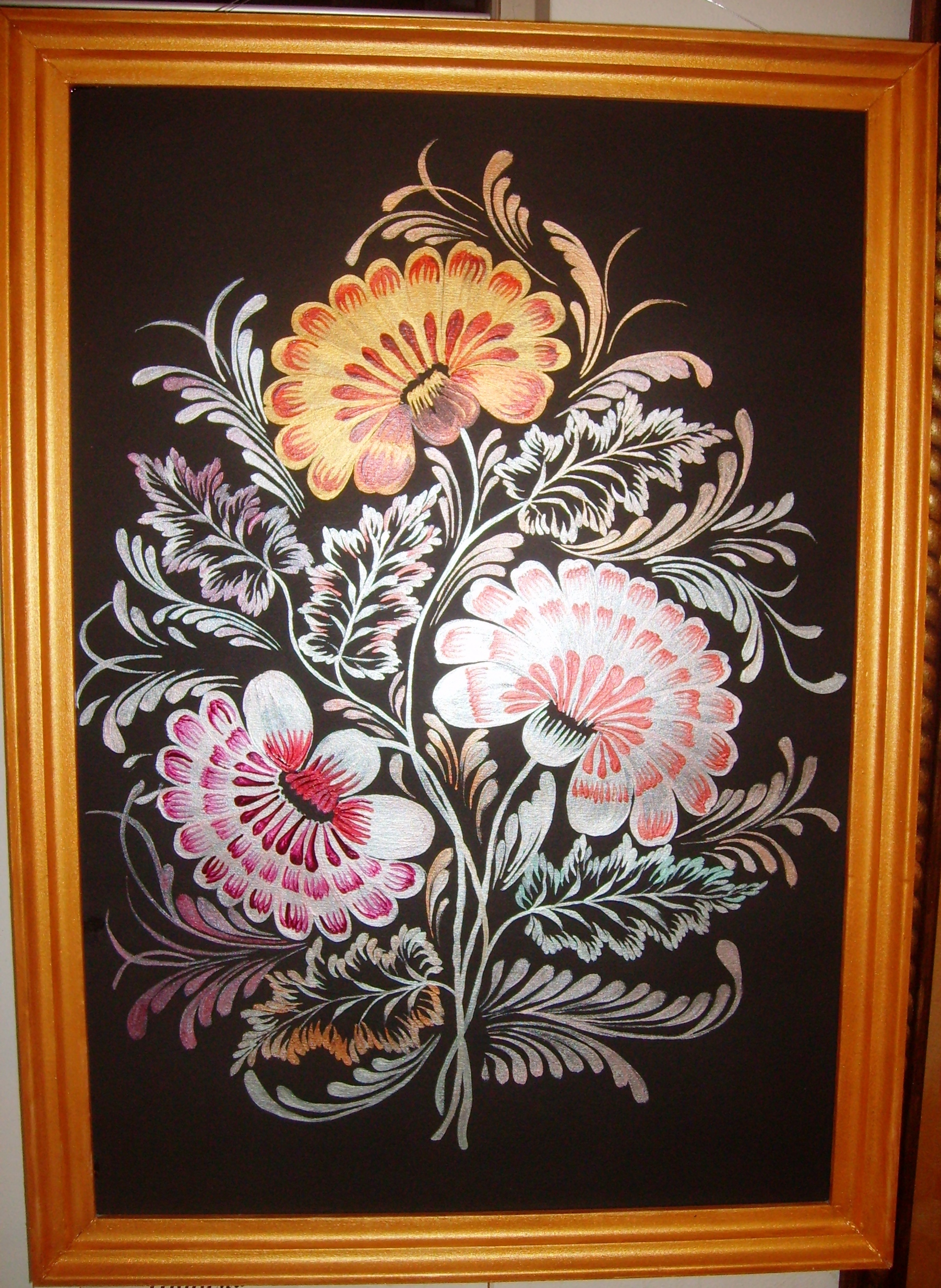 Flowers, black rncardboard, acrylic